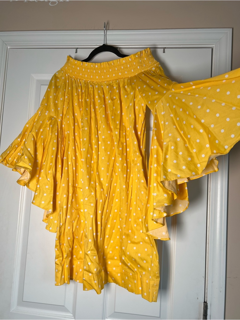 New York & Company Yellow Polka Dot Strapless Ruffle Dress